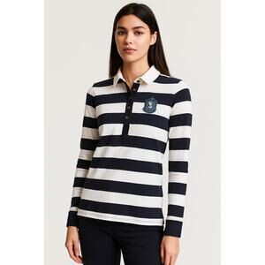 NWT H&M LOGG Rugby Collar Polo Size M Women’s Black Cream Striped Long Sleeve